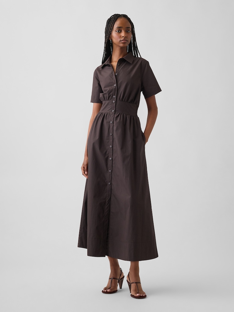 Poplin Smocked-Waist Maxi Shirtdress