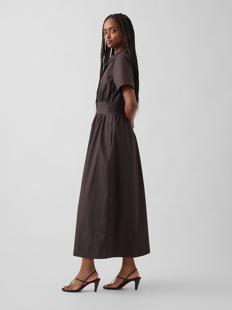 Poplin Smocked-Waist Maxi Shirtdress