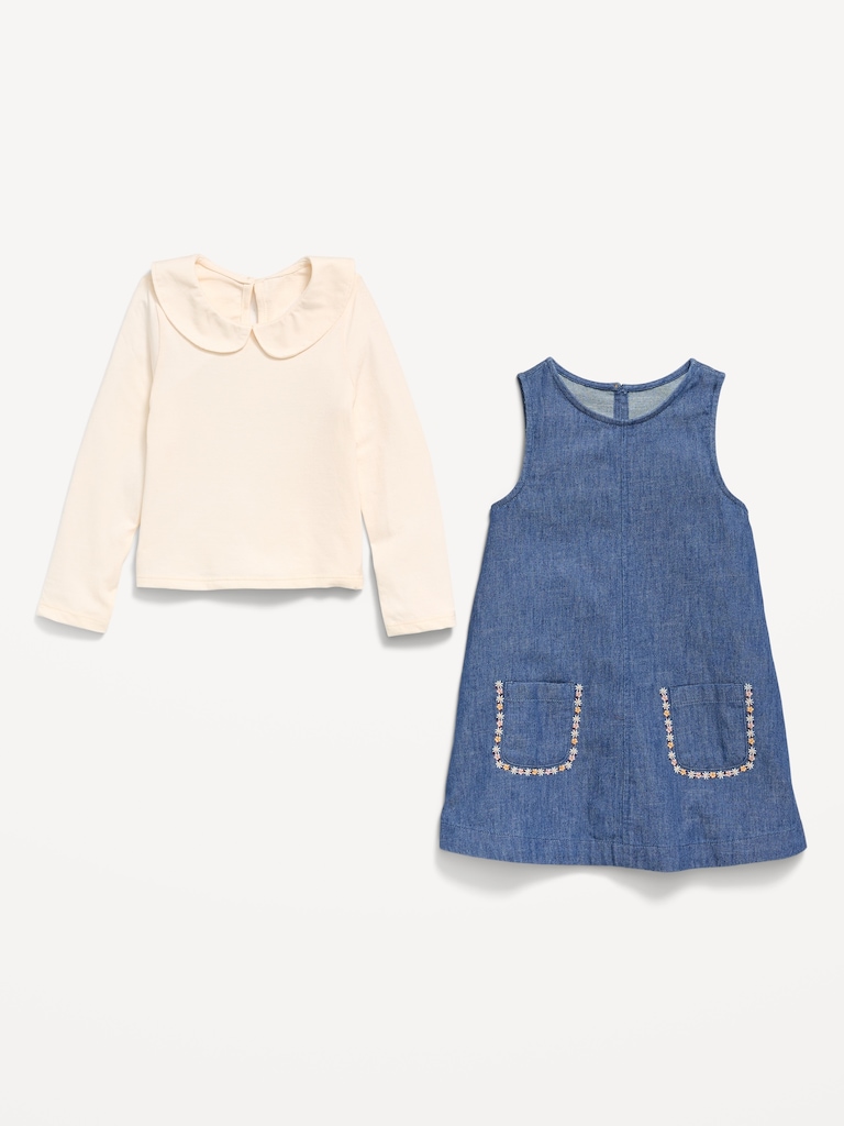 Long-Sleeve Collared Top and Dress Set for Toddler Girls