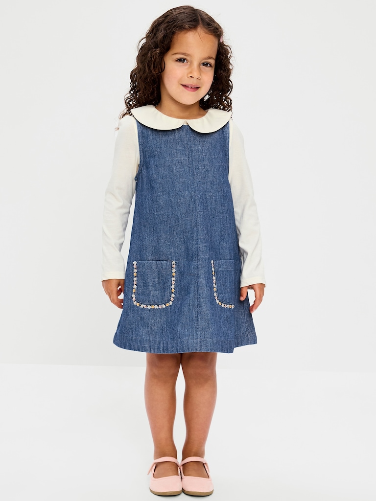 Long-Sleeve Collared Top and Dress Set for Toddler Girls