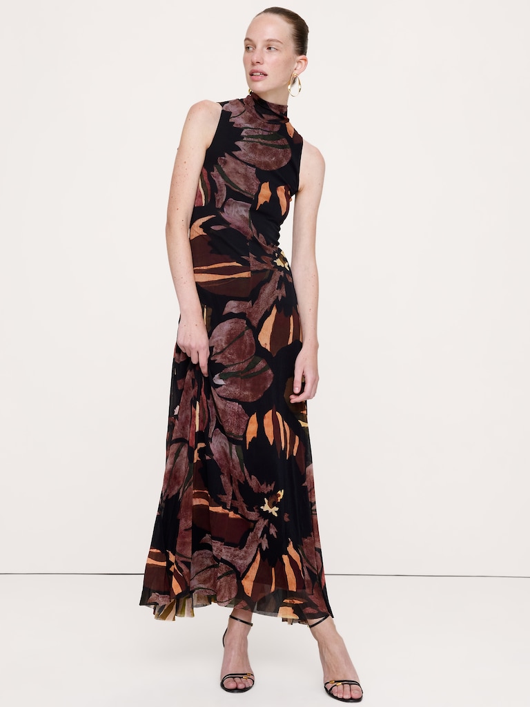 Mesh Tie-Neck Maxi Dress