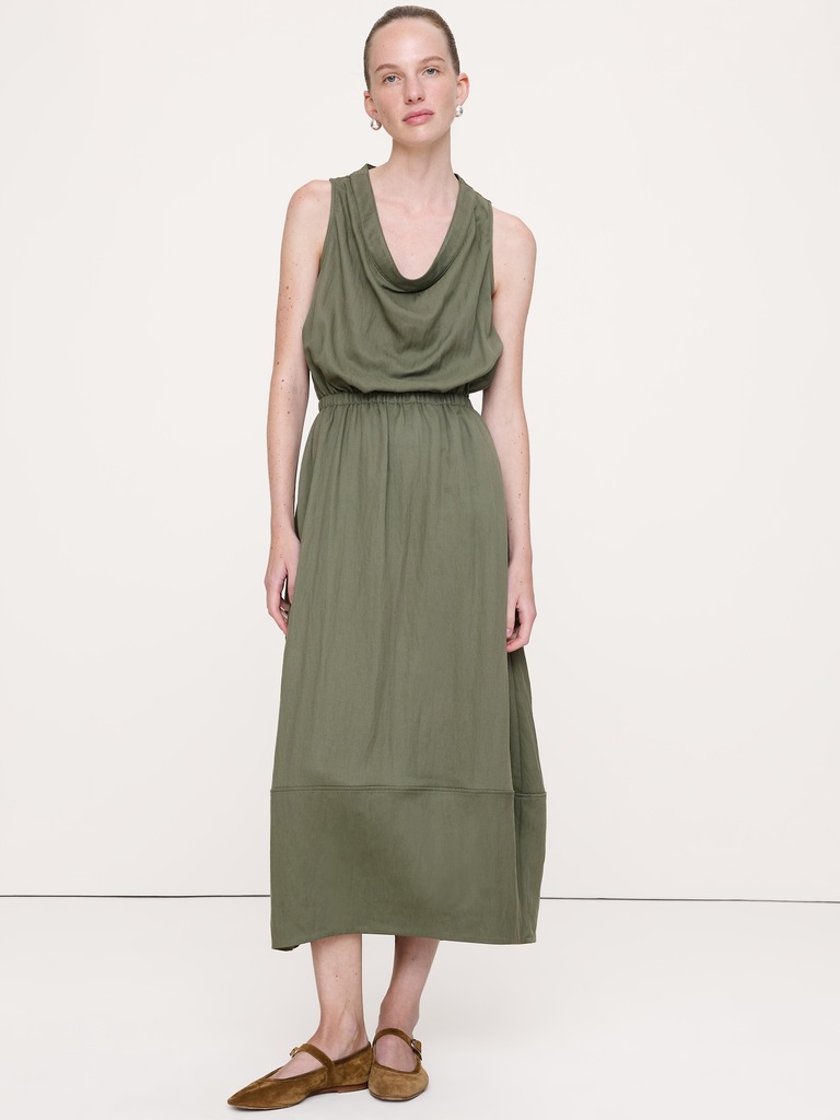 Drapey Twill Cowl-Neck Midi Dress
