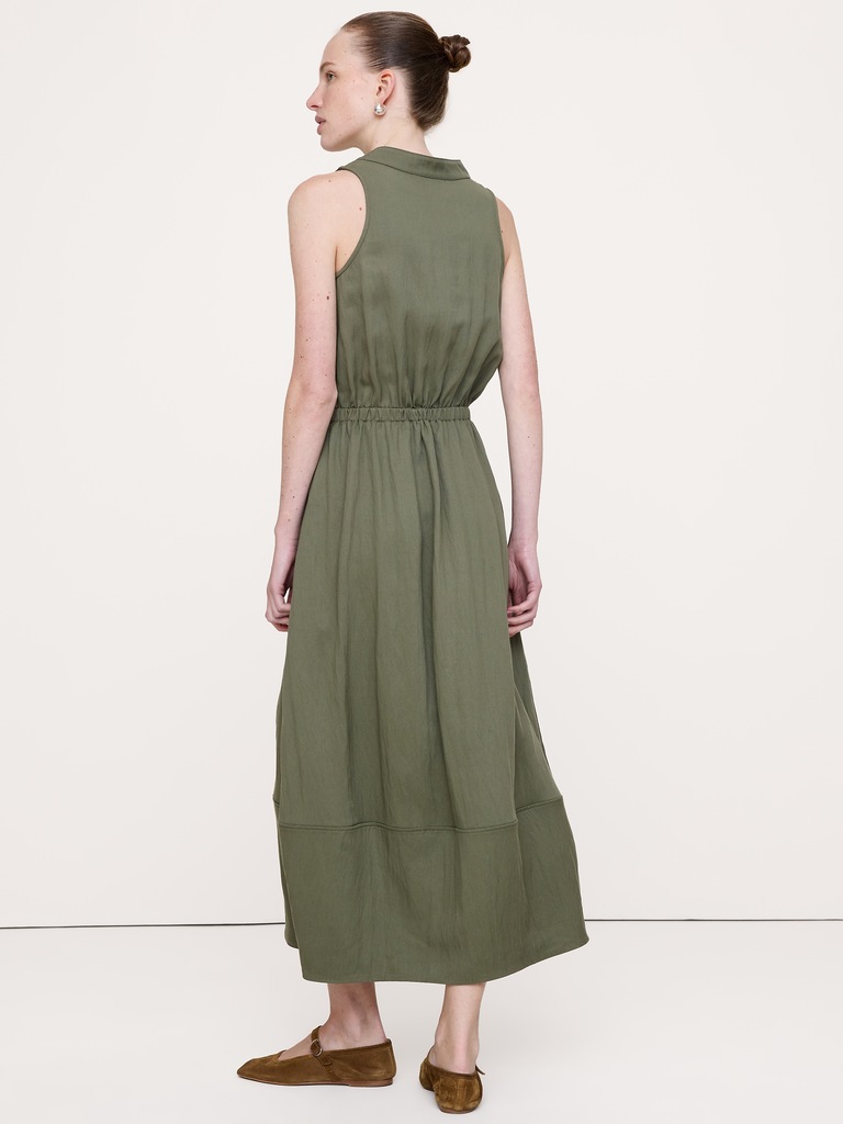 Drapey Twill Cowl-Neck Midi Dress
