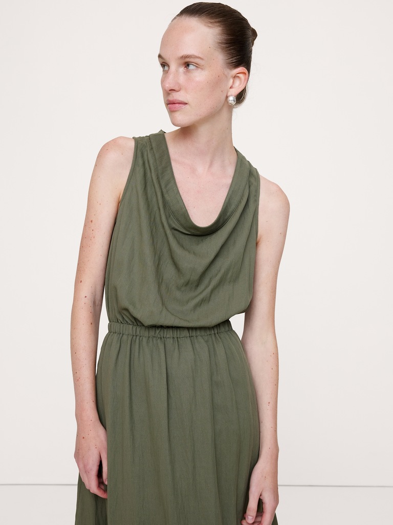 Drapey Twill Cowl-Neck Midi Dress