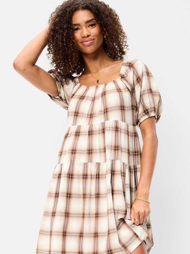 Puff-Sleeve Smocked Mini Swing Dress