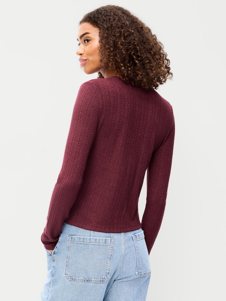 Long-Sleeve Button-Front Pointelle Top