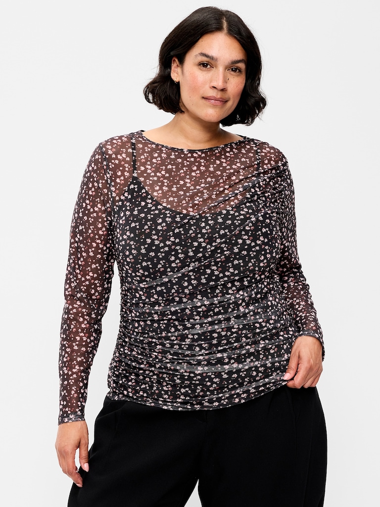 Long-Sleeve Draped Mesh Top