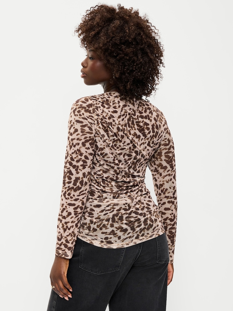 Long-Sleeve Draped Mesh Top