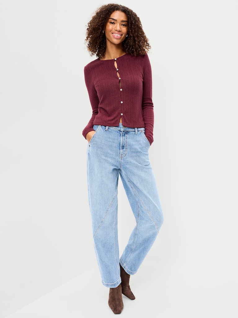 Long-Sleeve Button-Front Pointelle Top