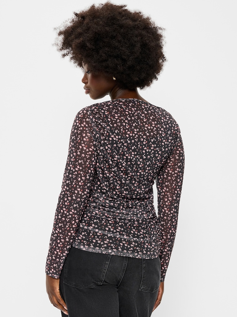 Long-Sleeve Draped Mesh Top