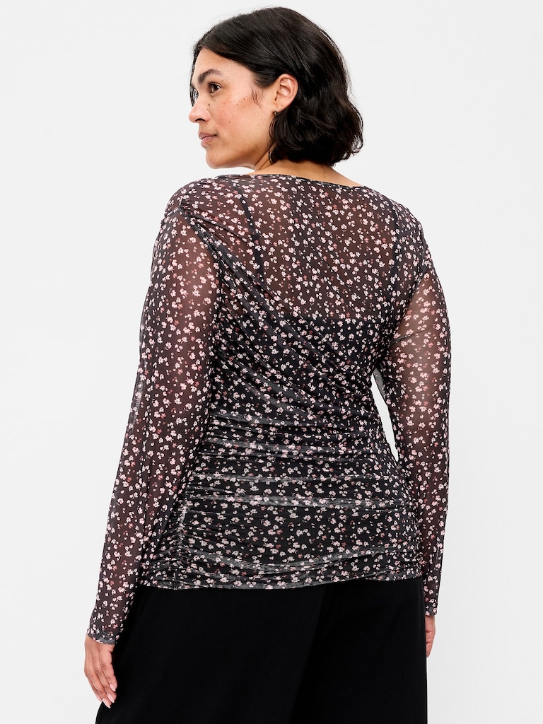 Long-Sleeve Draped Mesh Top