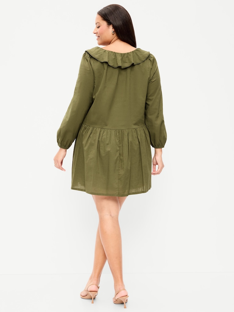 Long-Sleeve Ruffle-Collar Swing Mini Dress