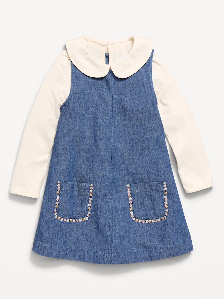 Long-Sleeve Collared Top and Dress Set for Toddler Girls