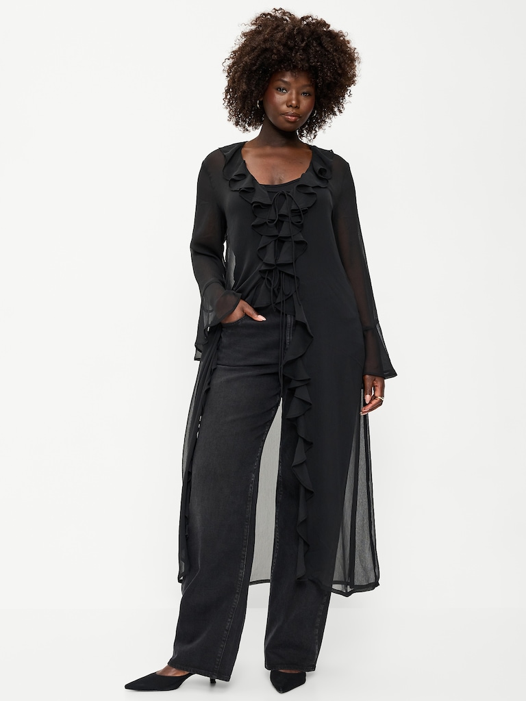 Long-Sleeve Sheer Chiffon Duster