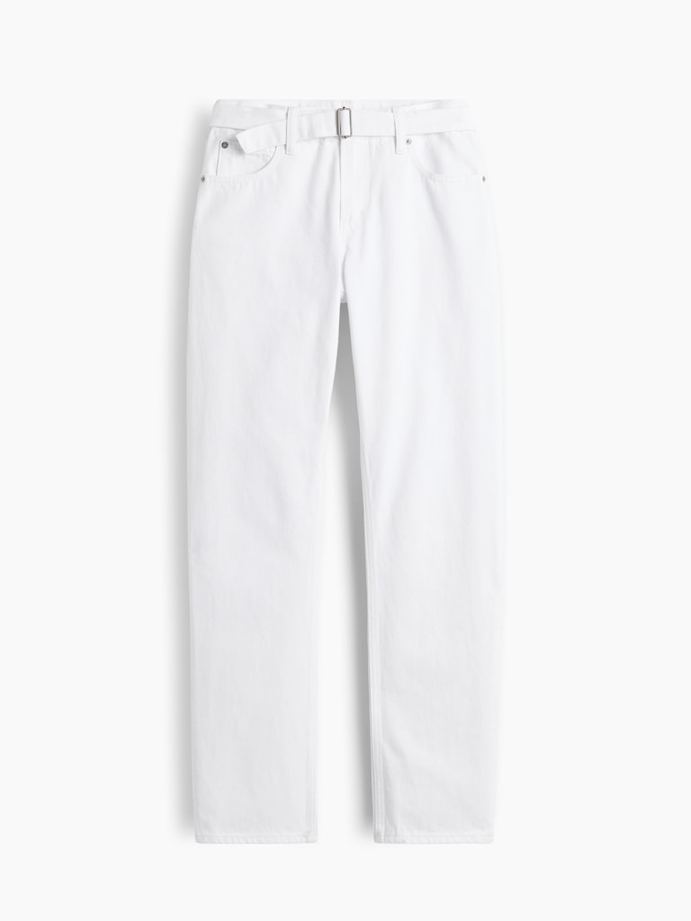 Mid Rise Belted Straight Taper Jeans