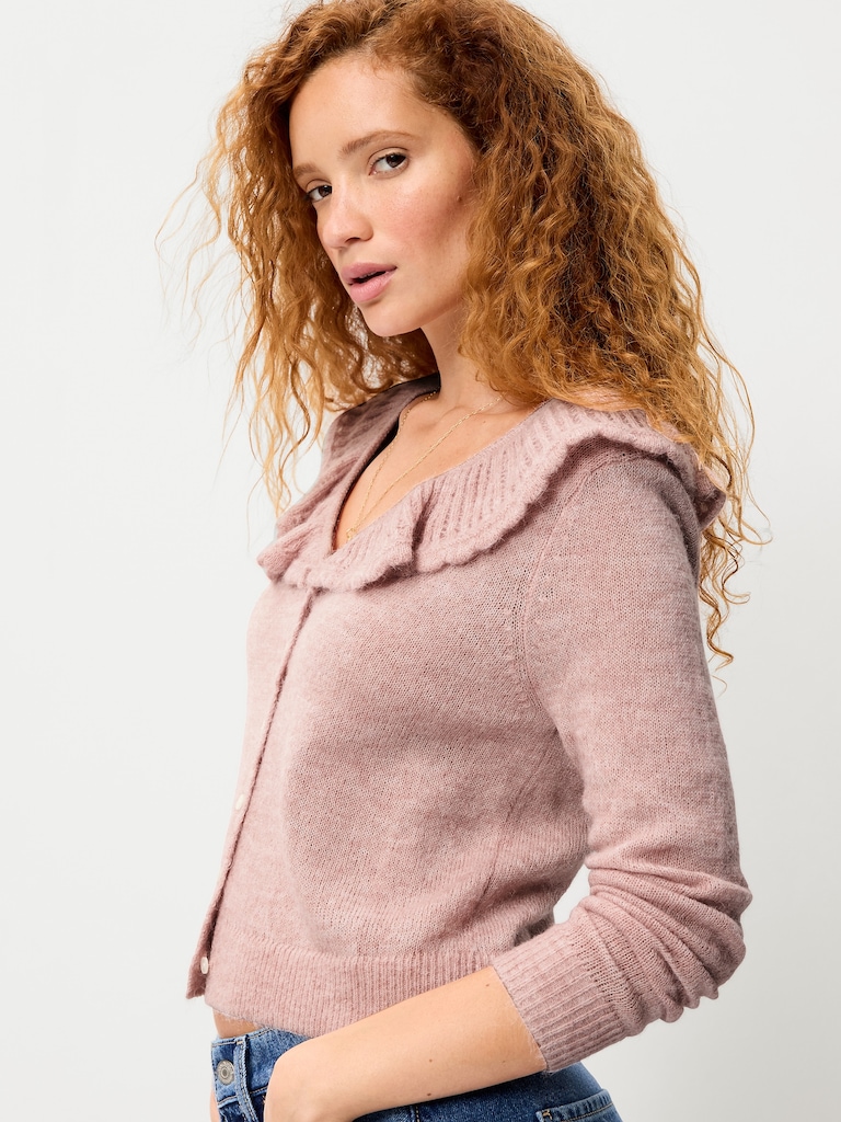 Ruffle-Collar Pointelle Cardigan