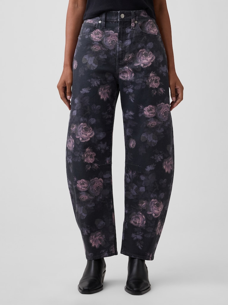High Rise Print Barrel Jeans