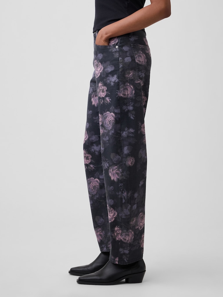 High Rise Print Barrel Jeans