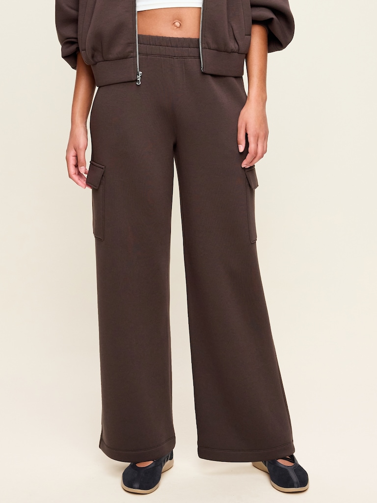 Pantalon cargo jambe large à taille haute en molleton raffiné