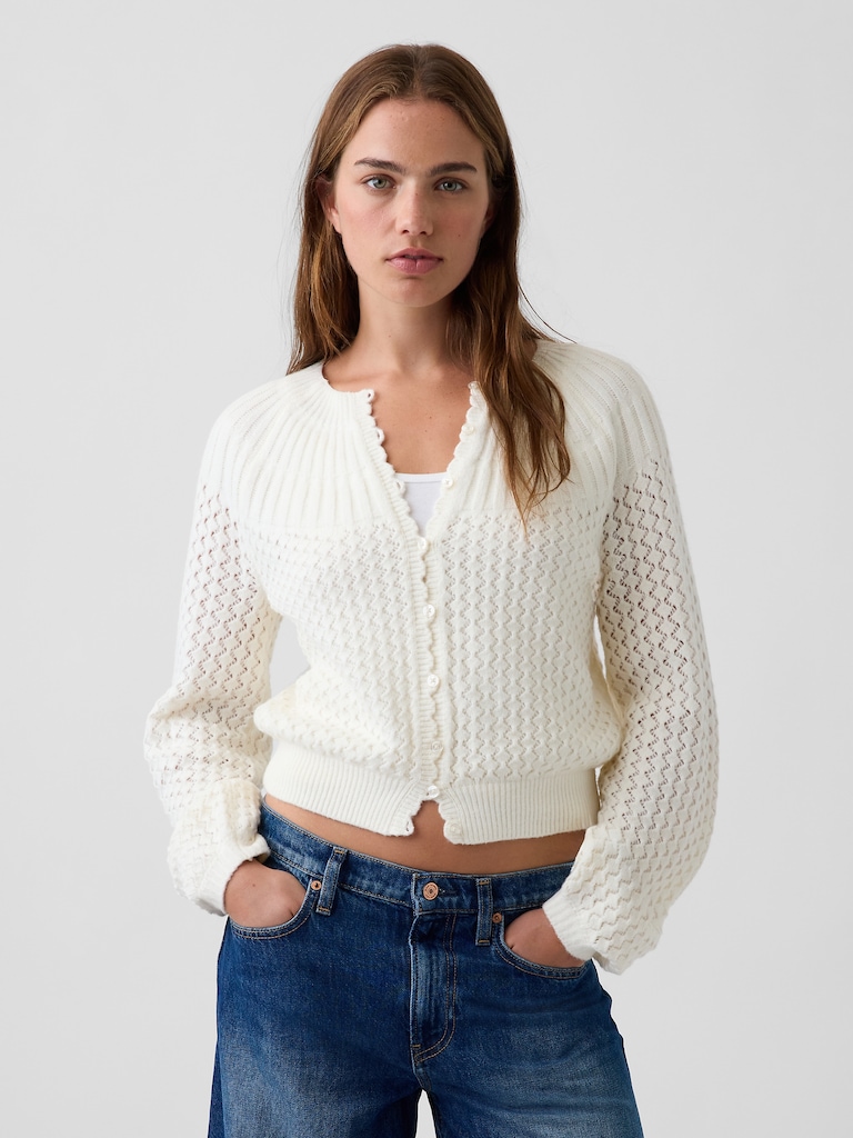 CashSoft Mix-Stitch Crop Cardigan Sweater