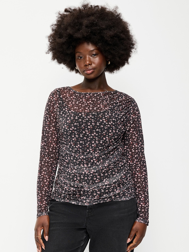 Long-Sleeve Draped Mesh Top