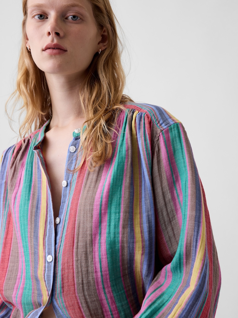 Cotton Gauze Oversized Collarless Shirt