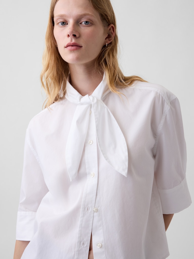 Organic Cotton Poplin Tie-Neck Shirt