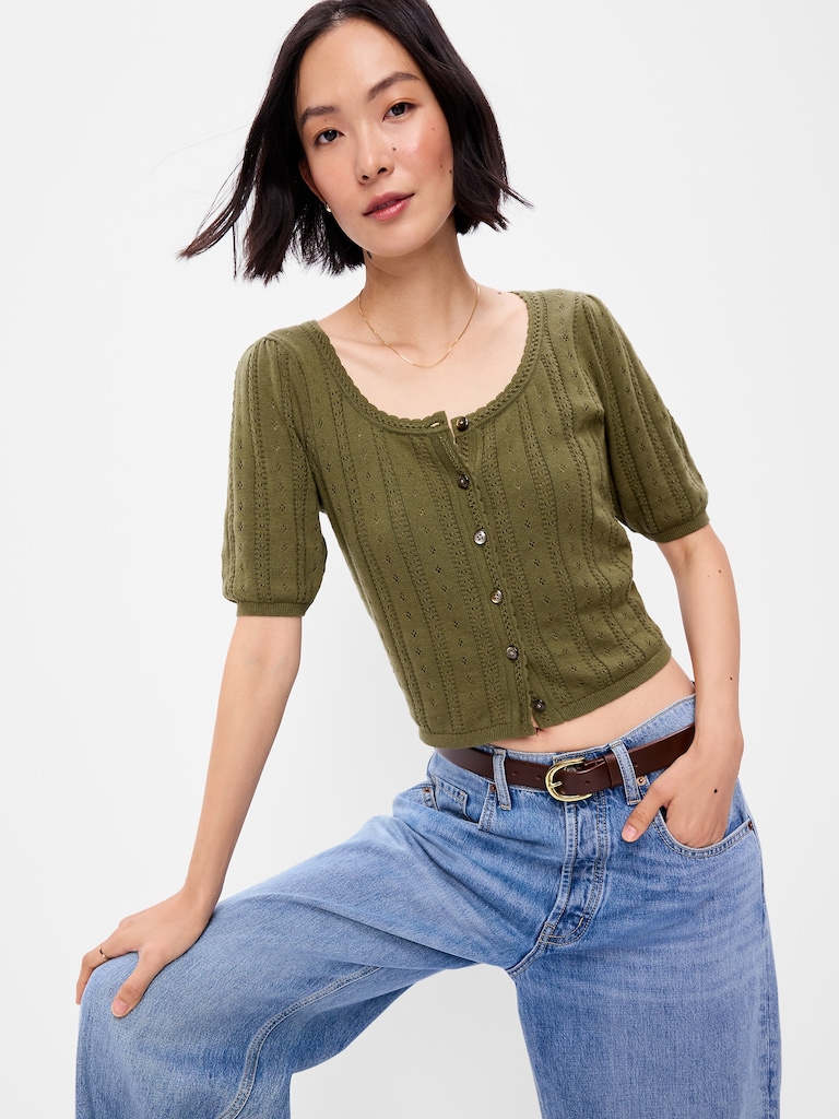 Seaside Cotton Short-Sleeve Button-Down Sweater