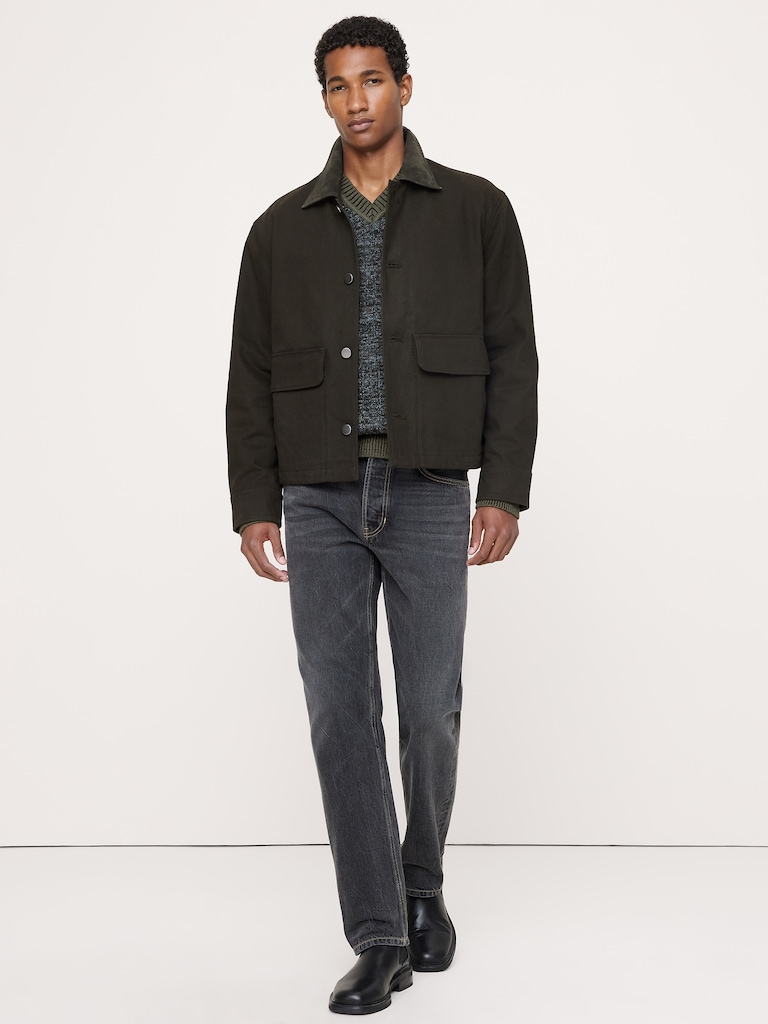 Cotton Twill Utility Jacket with Suede Collar