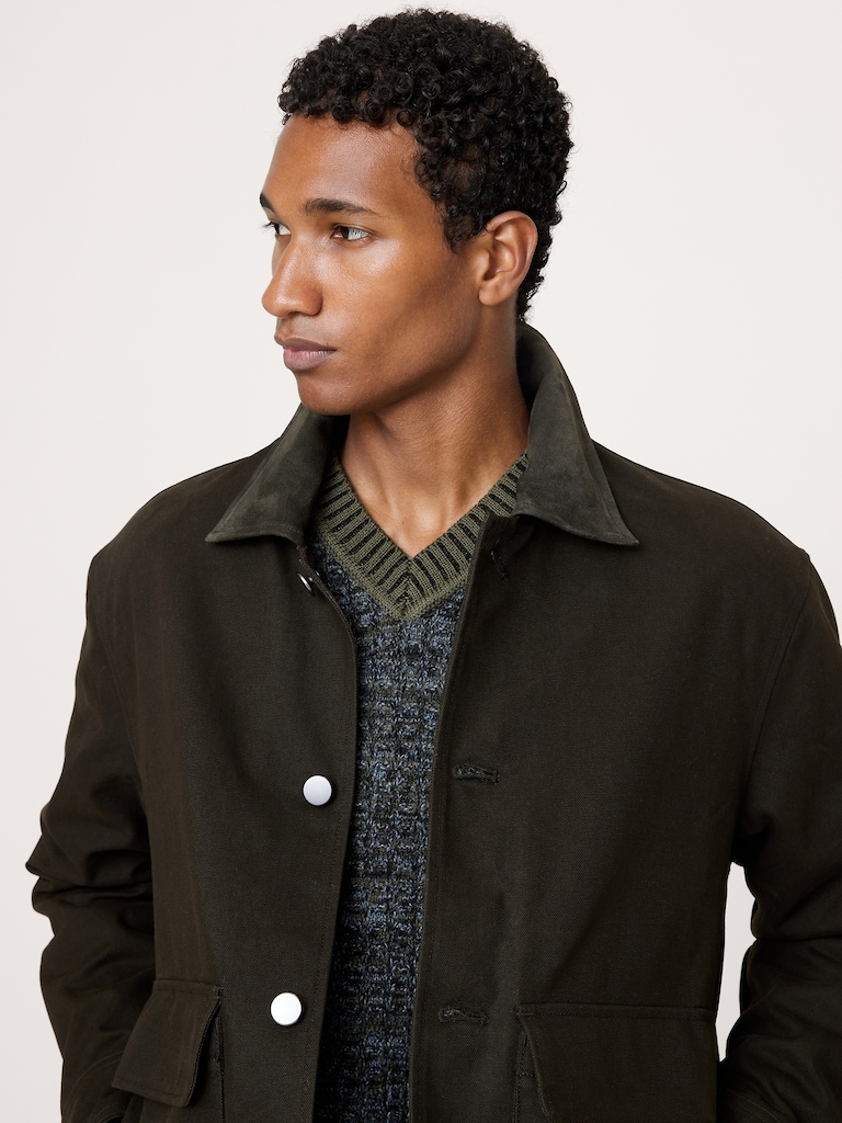 Cotton Twill Utility Jacket with Suede Collar