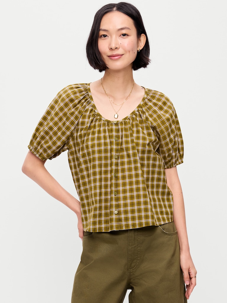 Short-Sleeve Button-Front Plaid Top