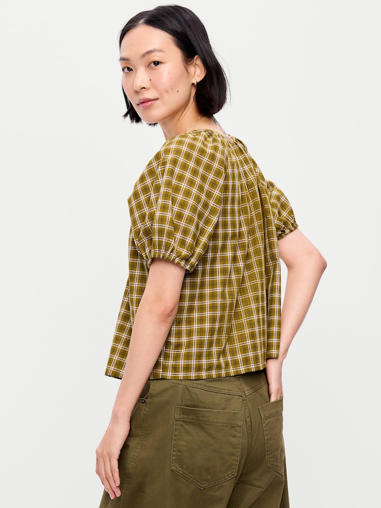 Short-Sleeve Button-Front Plaid Top