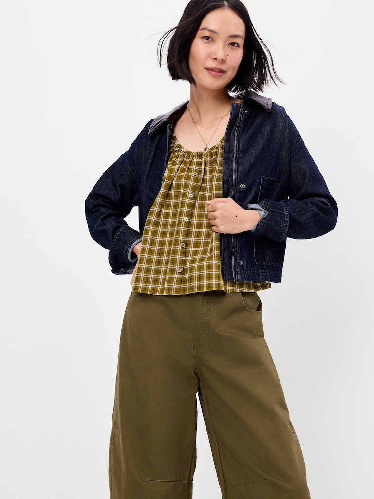 Short-Sleeve Button-Front Plaid Top