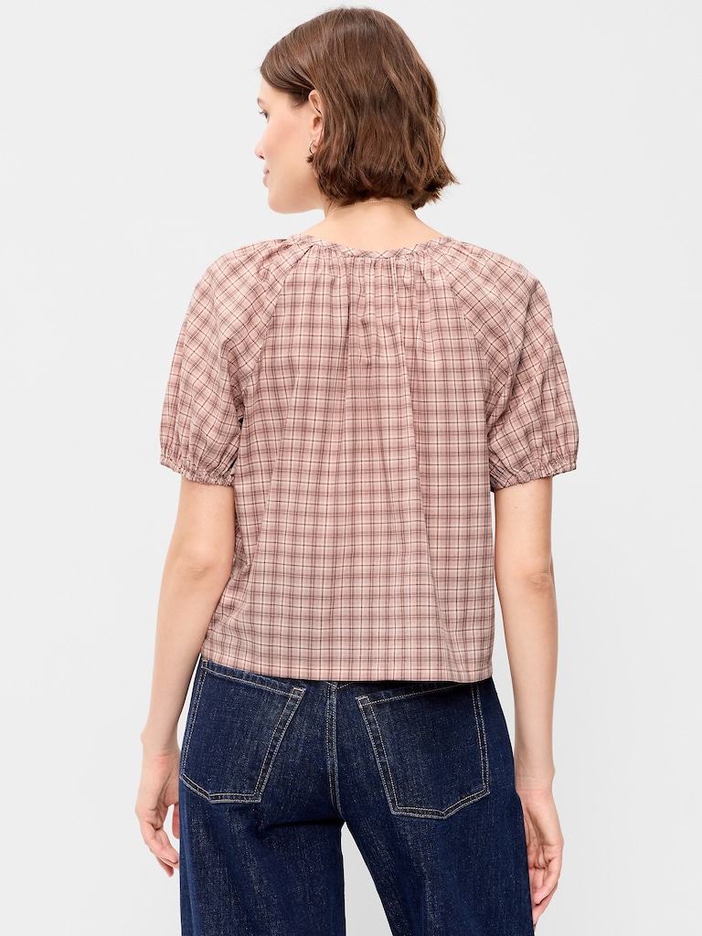 Short-Sleeve Button-Front Plaid Top