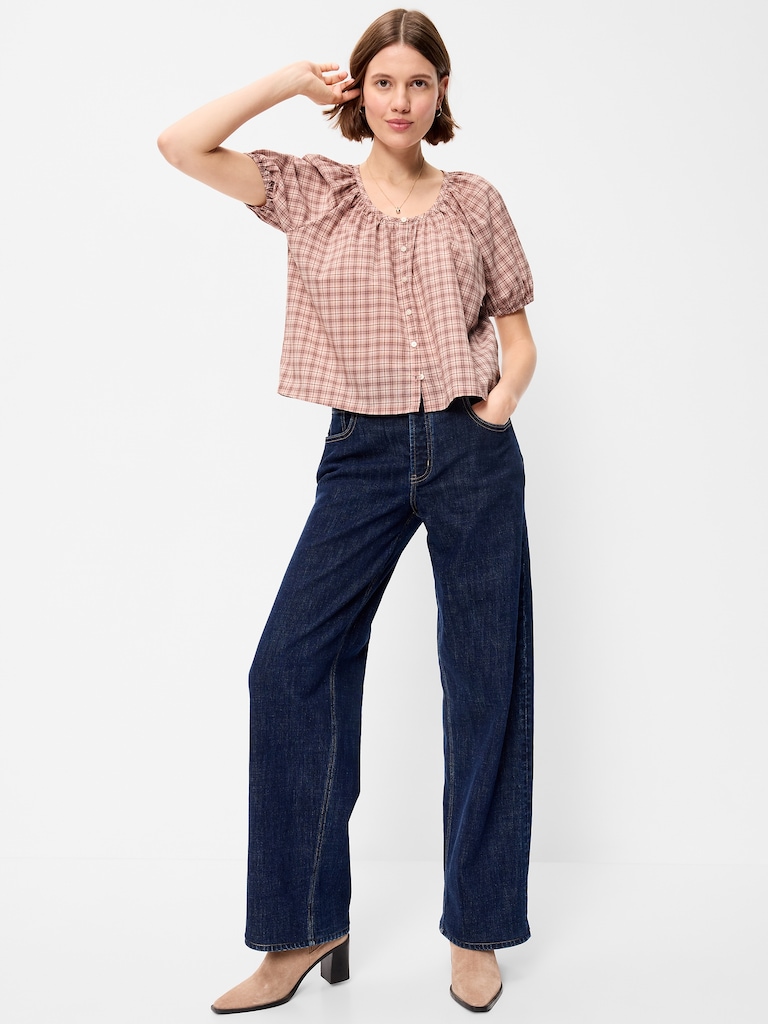 Short-Sleeve Button-Front Plaid Top