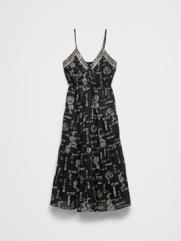 Strappy Embroidered Tiered Midi Dress