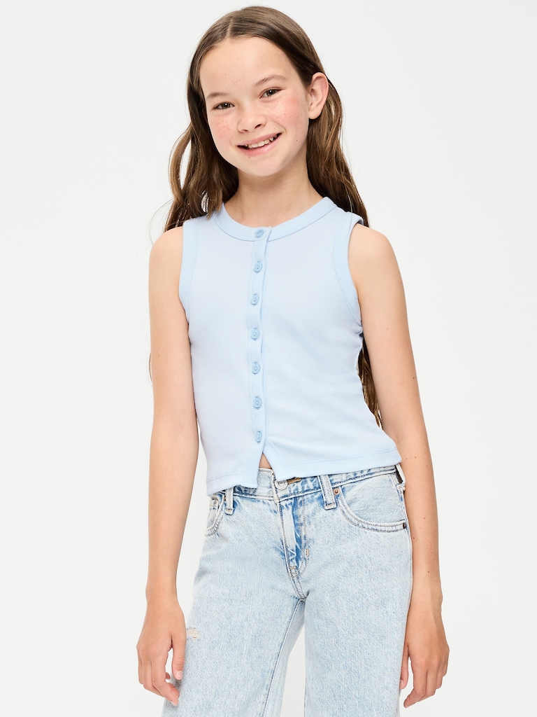 Fitted Sleeveless Ribbed Button-Front Top for Girls