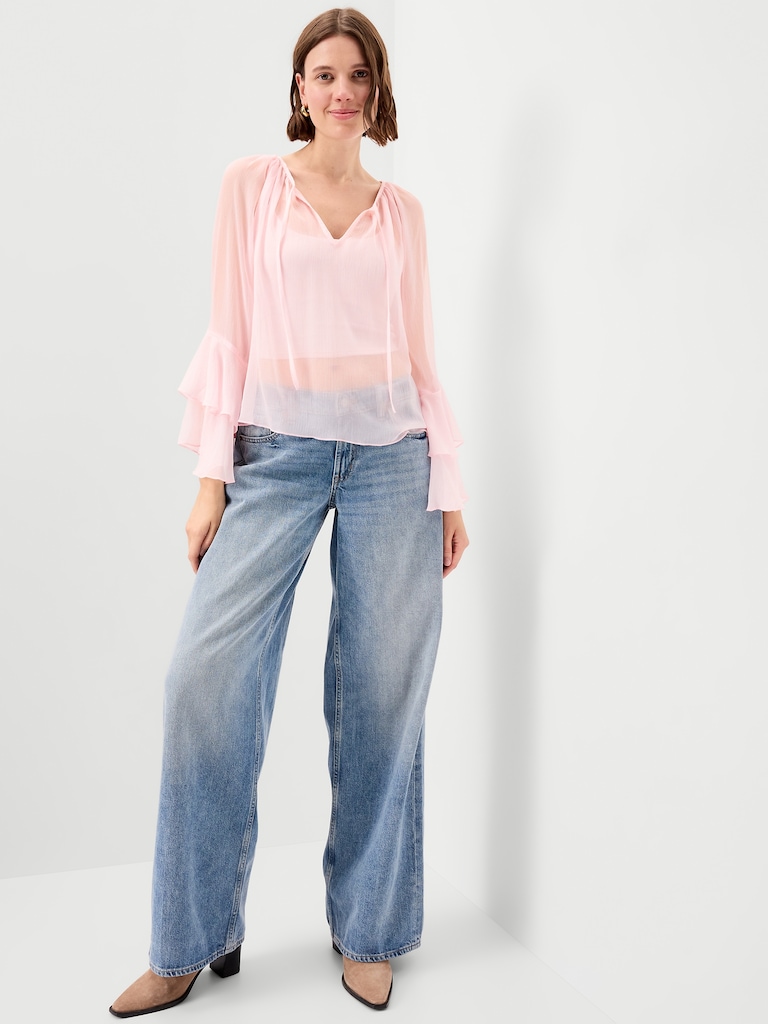 Sheer Chiffon Bell-Sleeve Top