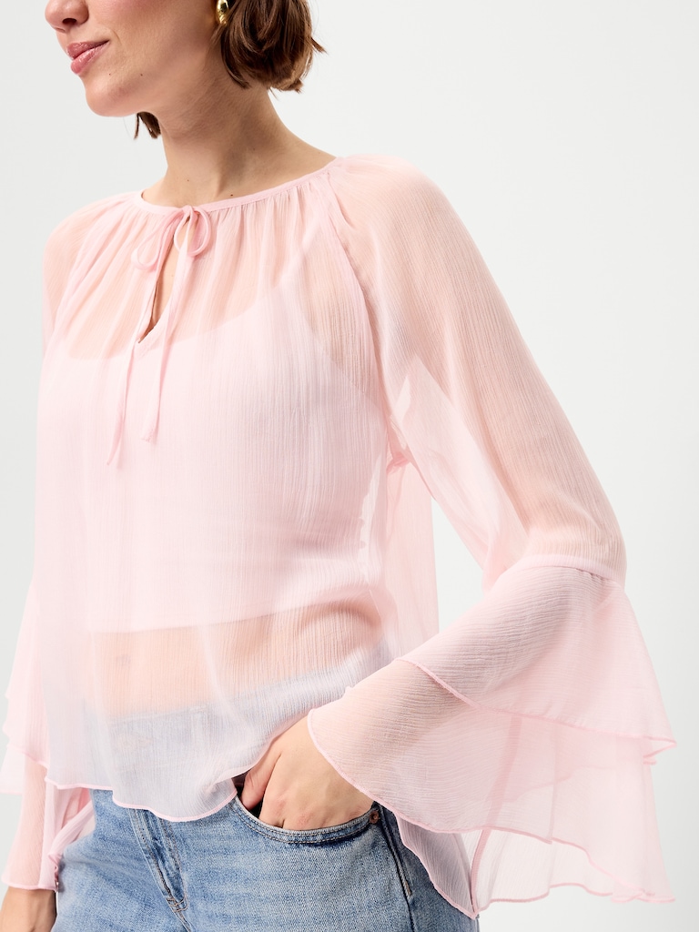 Sheer Chiffon Bell-Sleeve Top