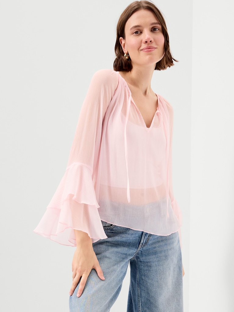 Sheer Chiffon Bell-Sleeve Top