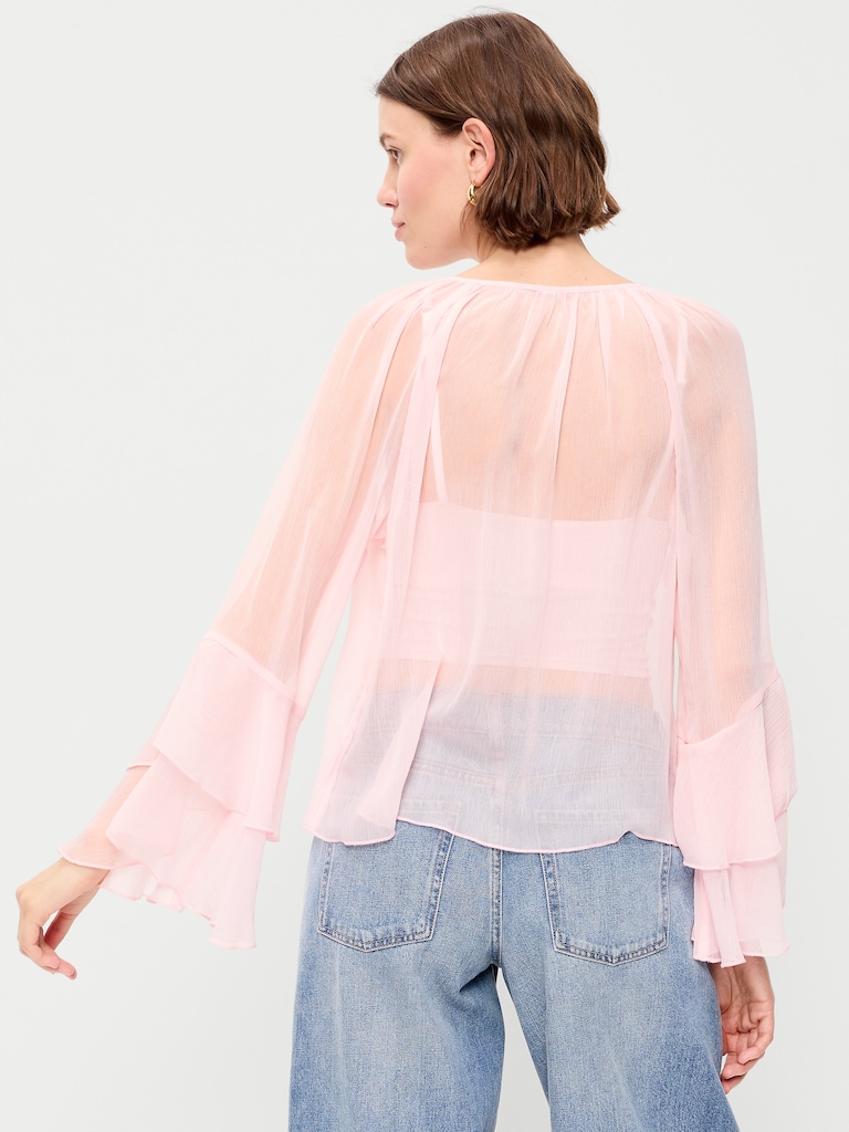 Sheer Chiffon Bell-Sleeve Top