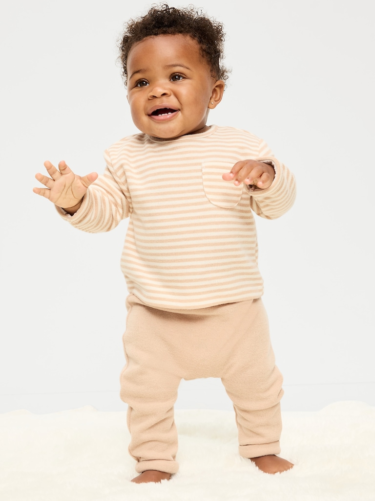 Long-Sleeve Ribbed Pocket T-Shirt and Pants Set for Baby