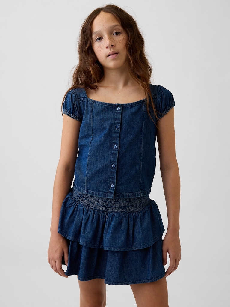Kids Denim Puff-Sleeve Button-Front top