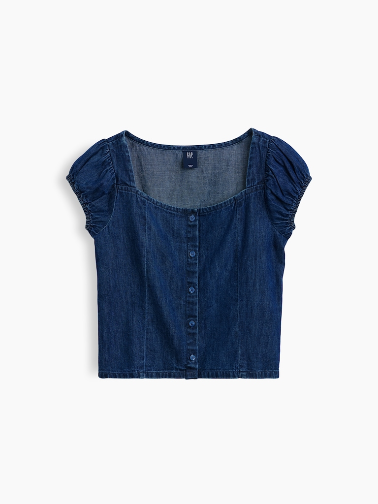 Kids Denim Puff-Sleeve Button-Front top