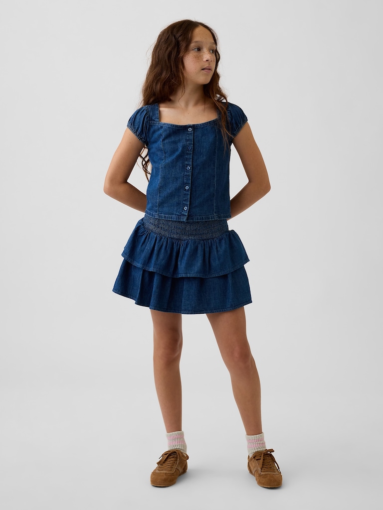 Kids Denim Puff-Sleeve Button-Front top