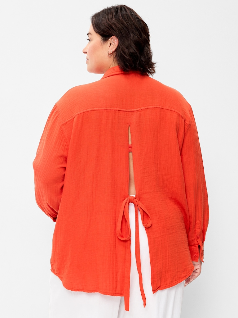 Open-Back Crinkle Gauze Button-Down Shirt