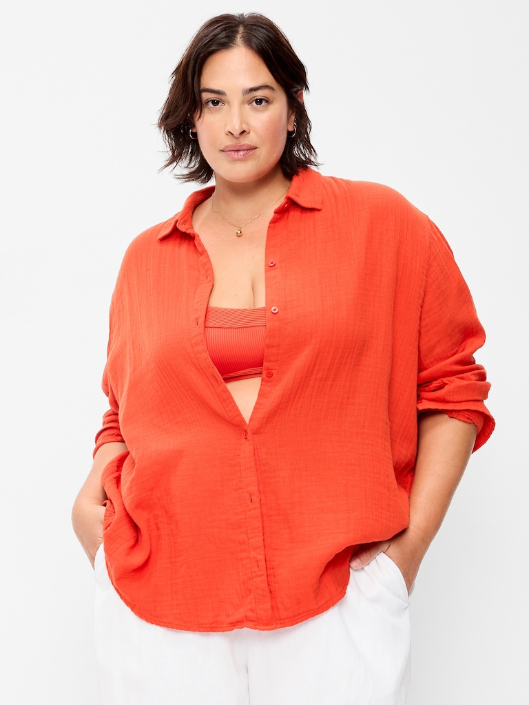 Open-Back Crinkle Gauze Button-Down Shirt