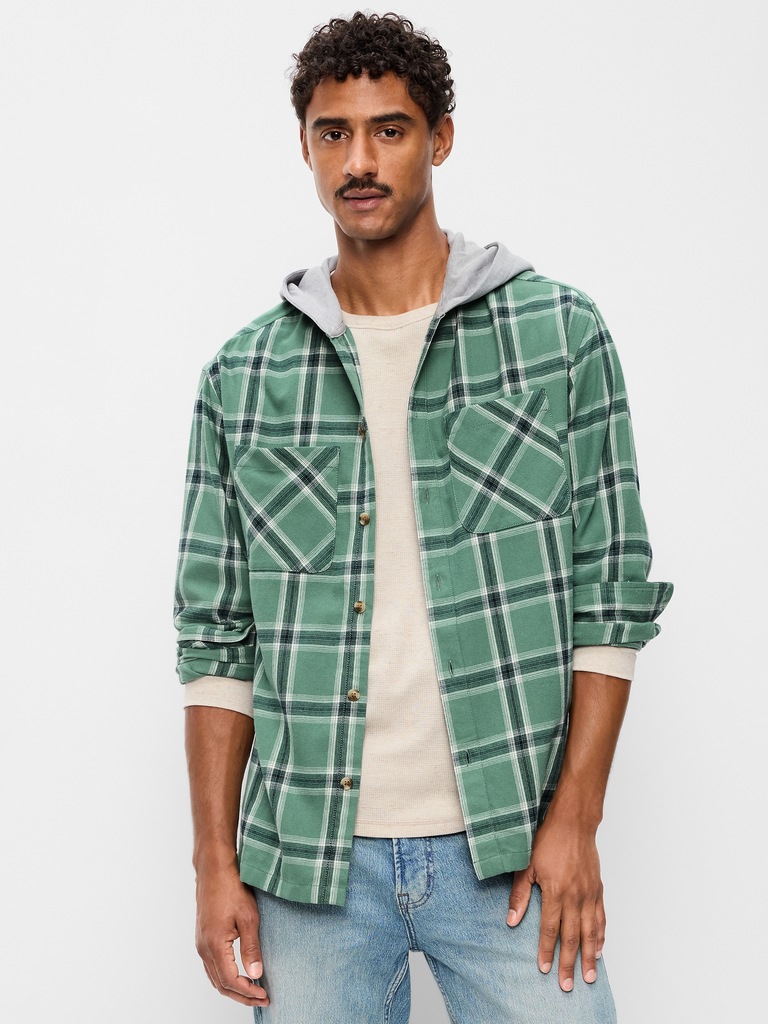 Long-Sleeve Flannel Hooded Shirt