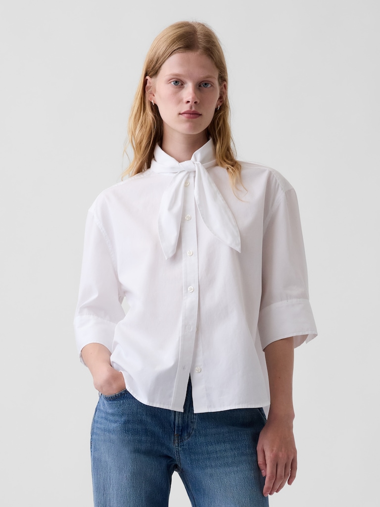 Organic Cotton Poplin Tie-Neck Shirt