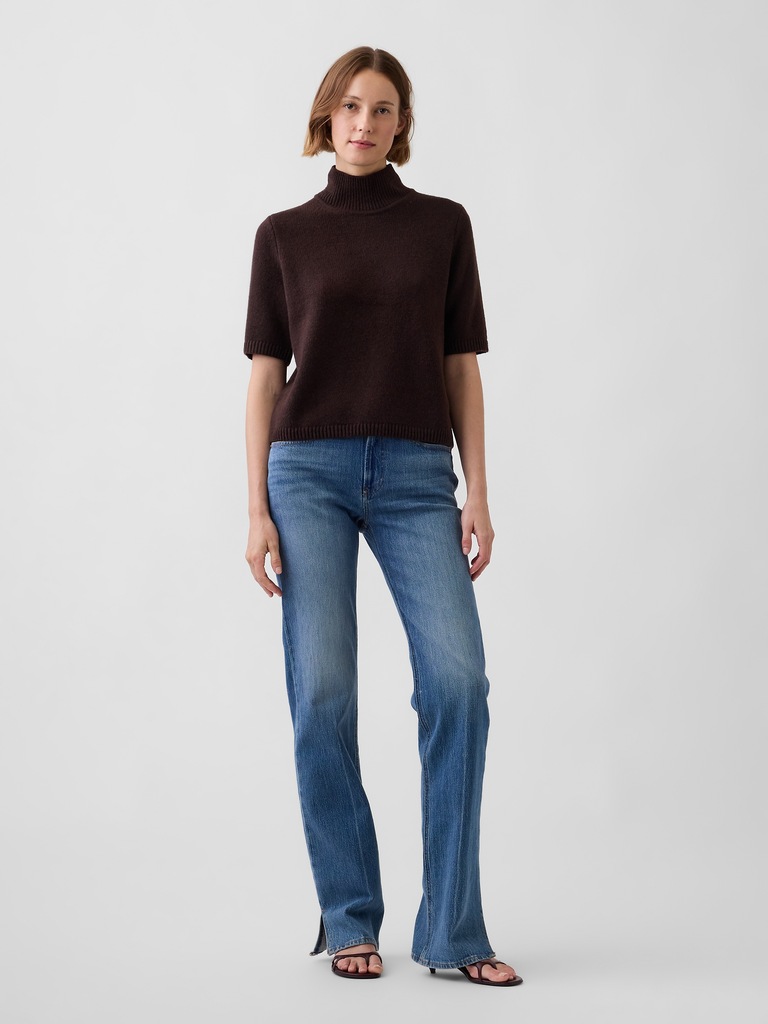 CashSoft Mockneck Elbow-Sleeve Sweater